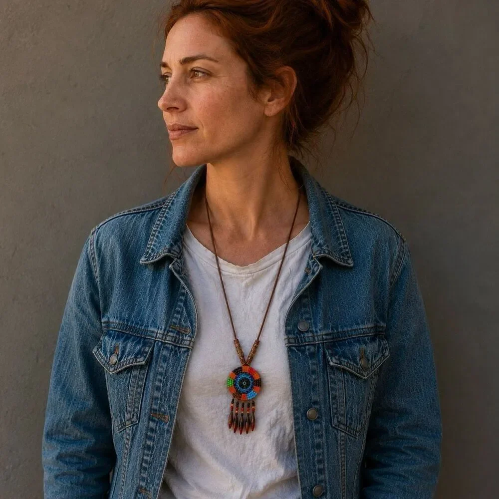 Boho Beaded Medallion Necklace Earthy Western Style